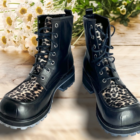 Retro Mudd Boots Combat Moto Y2K Leopard Black Genuine Leather 10 Lace Up - Picture 6 of 17